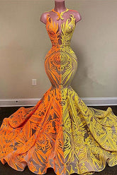 Yellow and Orange Mermaid Lace Sleeveless Prom Dress